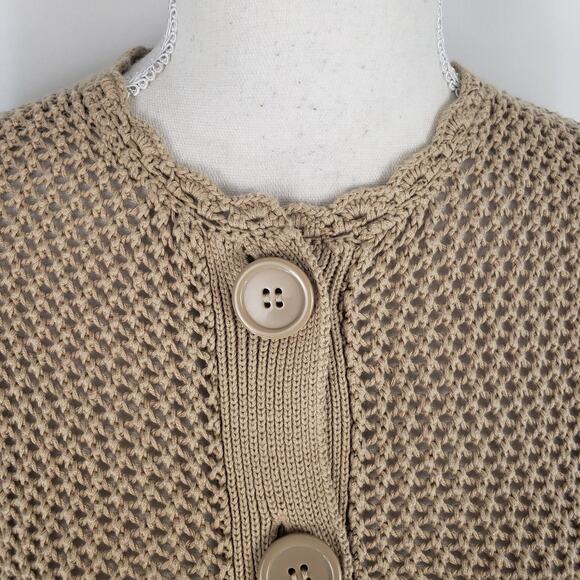 Pointelle Tan Button Up Open Mesh Knit Long Sleeve Crochet Neck Crop Cardigan XL - Picture 7 of 12
